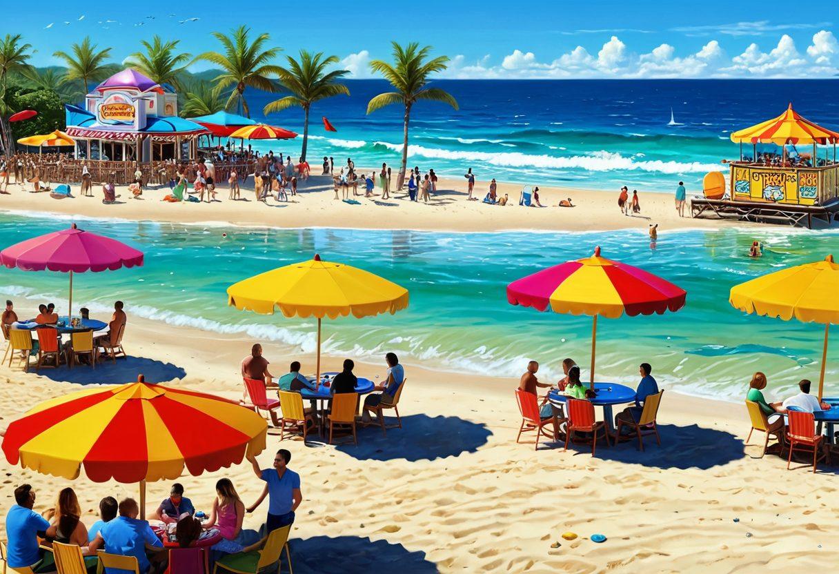 A vibrant beach scene with colorful beach umbrellas, people celebrating a lively party, and nearby penny slot machines under a bright sun. Waves crashing gently in the background, highlighting a fun atmosphere filled with laughter and excitement. Add details like seashells and tropical drinks scattered around to enhance the festive mood. super-realistic. bright colors. lively atmosphere.