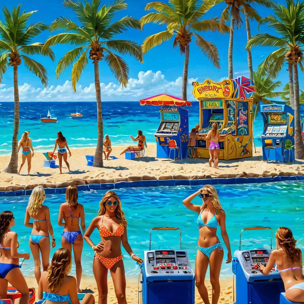 A vibrant beach scene featuring diverse bikini styles on sunbathers enjoying the sun, with colorful penny slot machines set up under palm trees. The background showcases a bright blue ocean and a lively beach party atmosphere with music notes and people dancing. Sunlight sparkles on water, adding a fun and festive feel. The image conveys excitement and leisure. ultra-realistic. vivid colors. summer vibe.